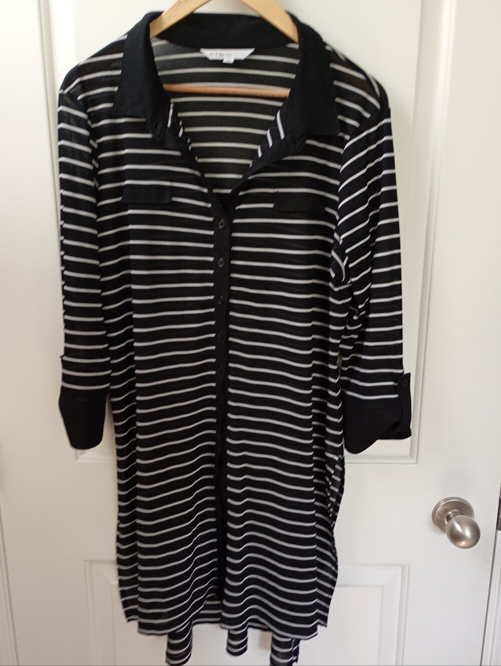 cleo | Black + White Striped Polo Style Tunic Button Top | XL